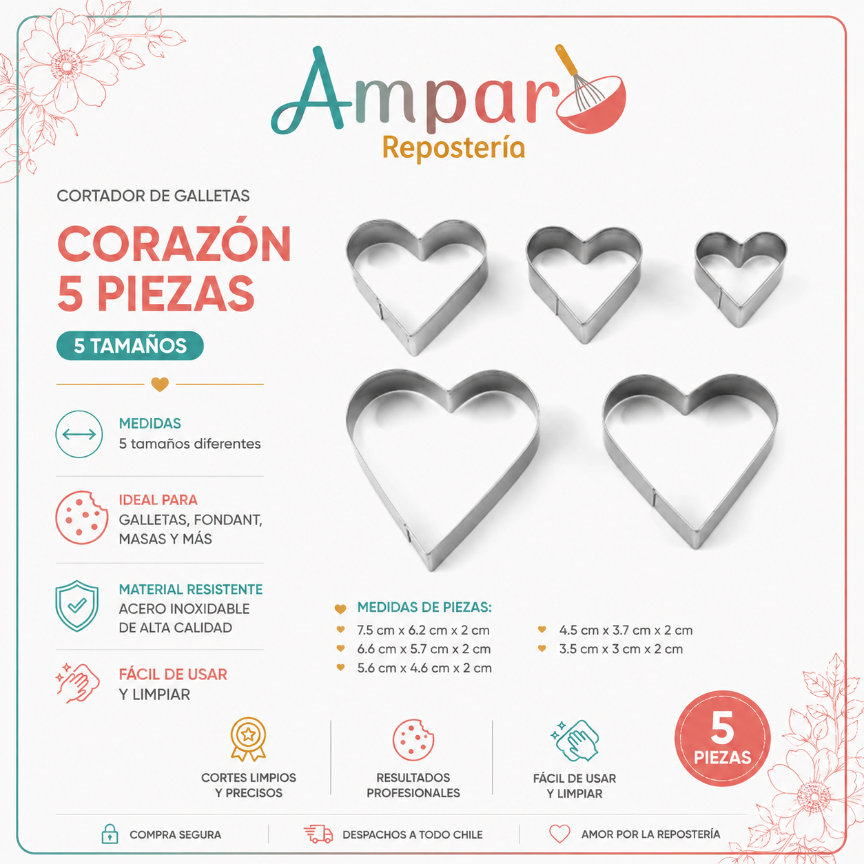 Cortador galletas corazon 5 piezas