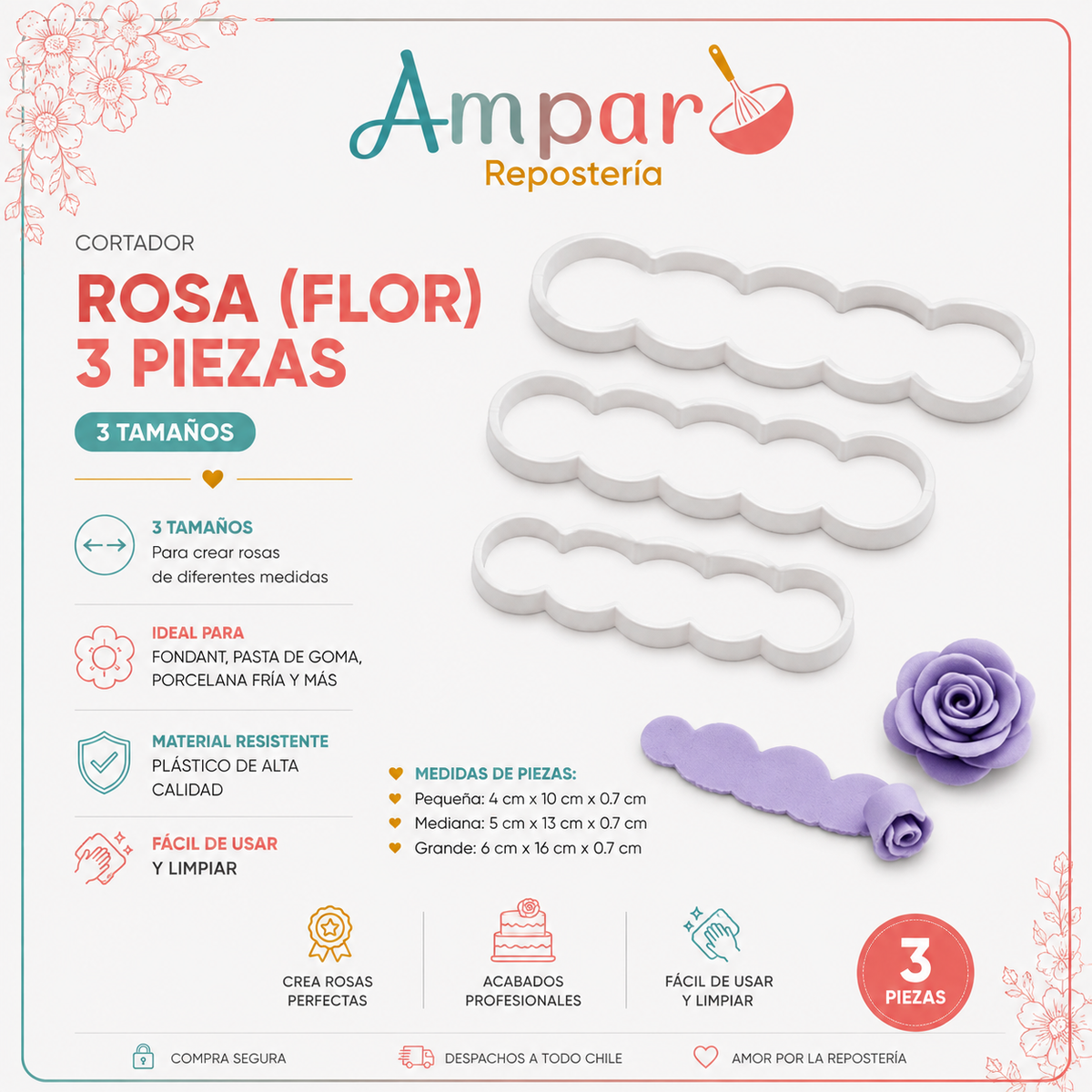 Cortador rosa (flor) 3 piezas
