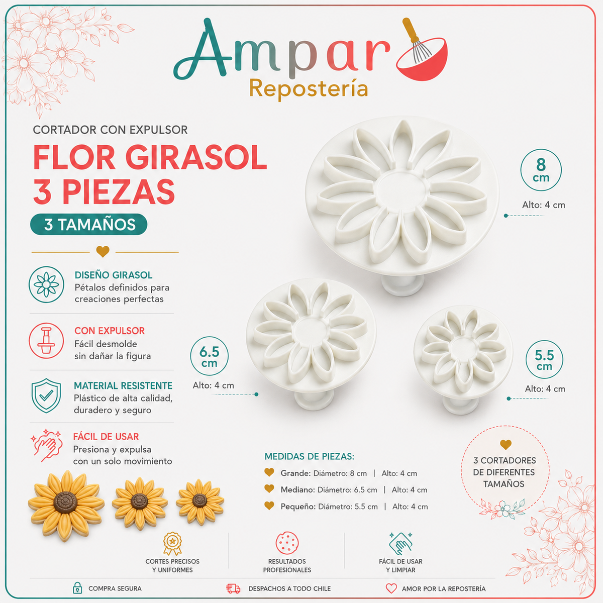 Cortador con Expulsor Flor Girasol 3 Piezas