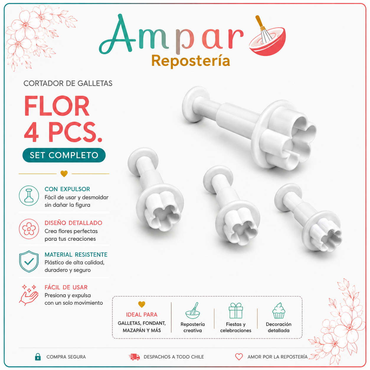 Cortador con Expulsor de Flor – Set 4 Piezas
