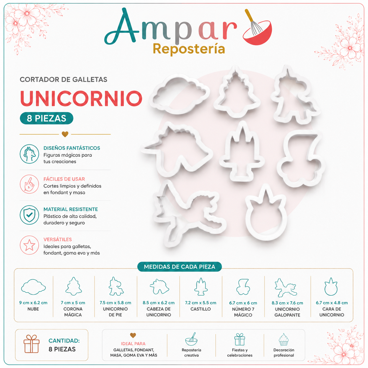 🦄 Cortador de Galletas Unicornio – Set 8 Piezas