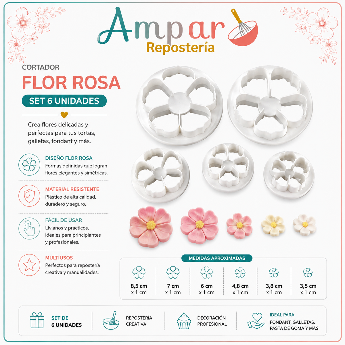 🌸 Cortador Flor Rosa – Set 6 Unidades