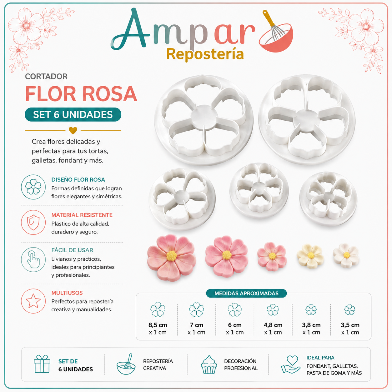 🌸 Cortador Flor Rosa – Set 6 Unidades