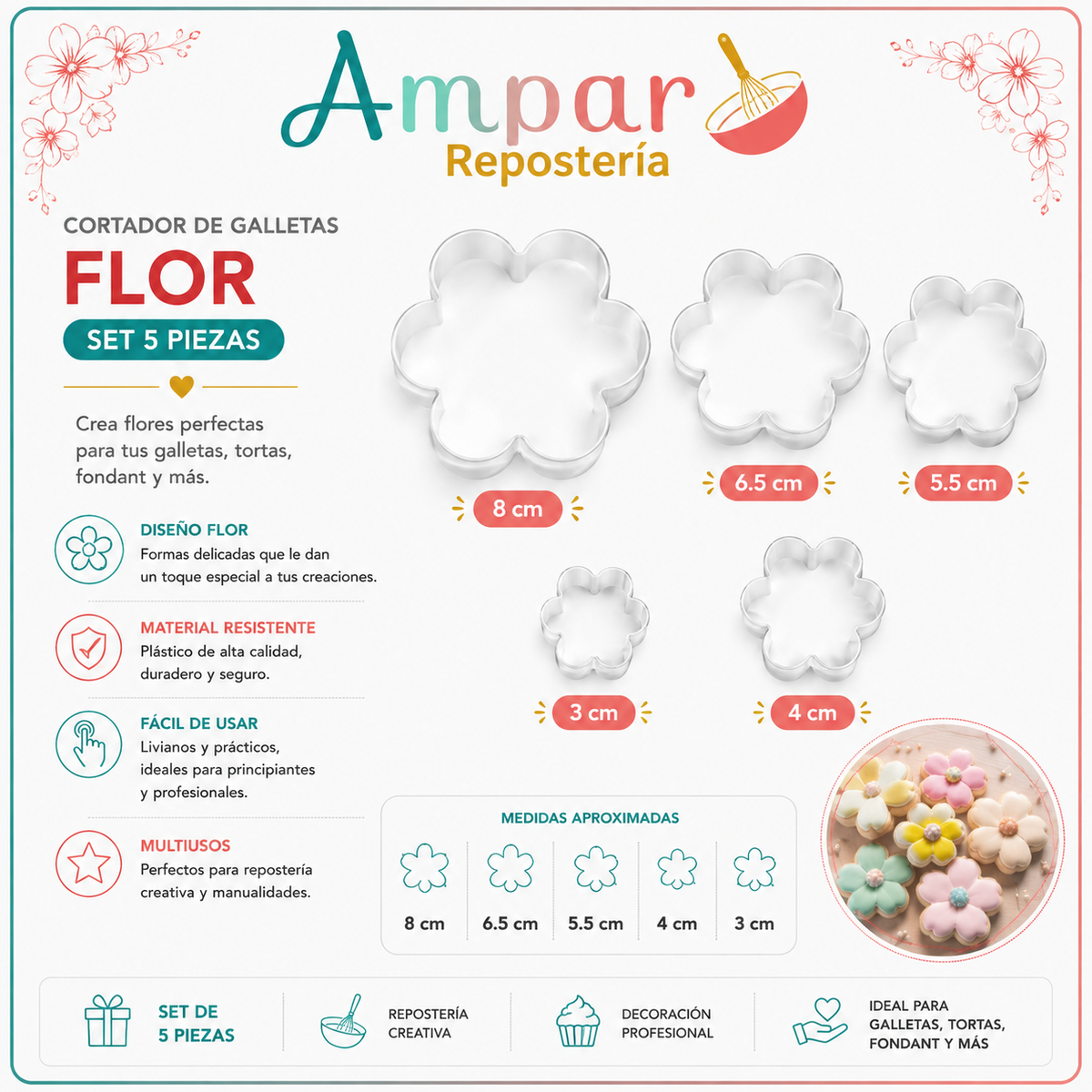 Cortador de galletas flor – Set 5 piezas