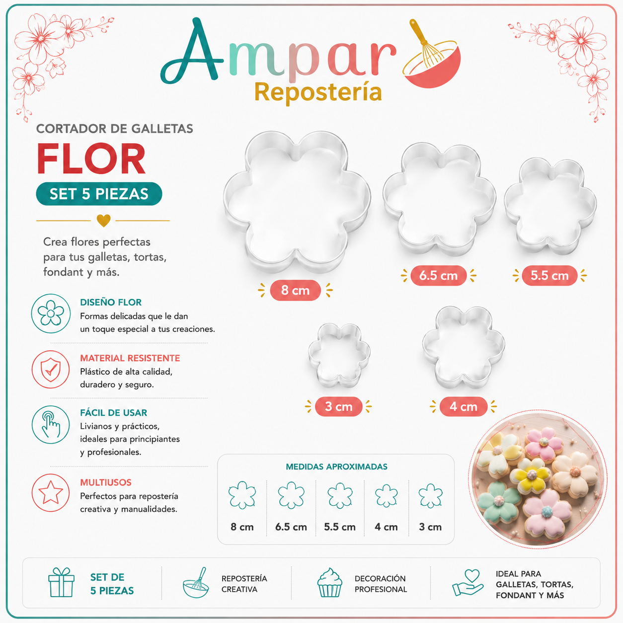 Cortador de galletas flor – Set 5 piezas