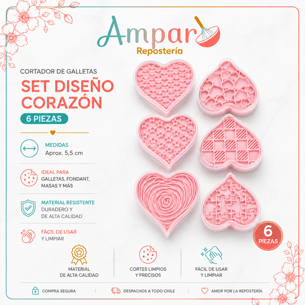 Cortador de Galletas Set Diseño Corazon 6 Piezas