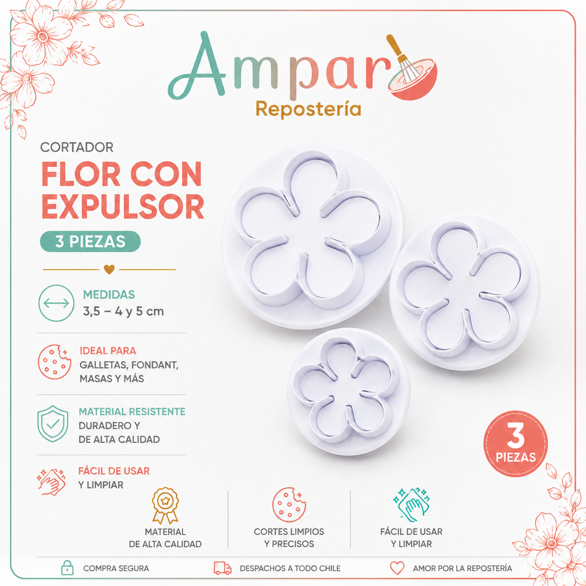 Cortador flor con expulsor 3 piezas