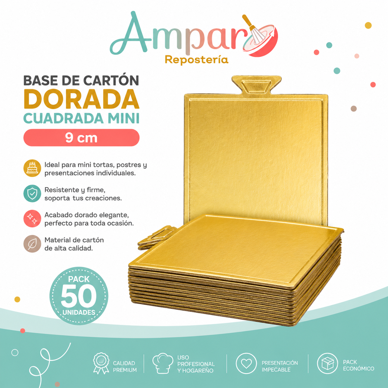 Base de Cartón Dorada Cuadrada Mini 9 cm – Pack 50 Unidades