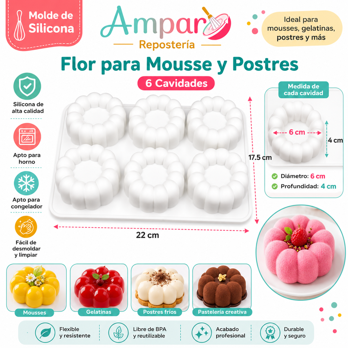 Molde de Silicona Flor para Mousse y Postres 6 Cavidades