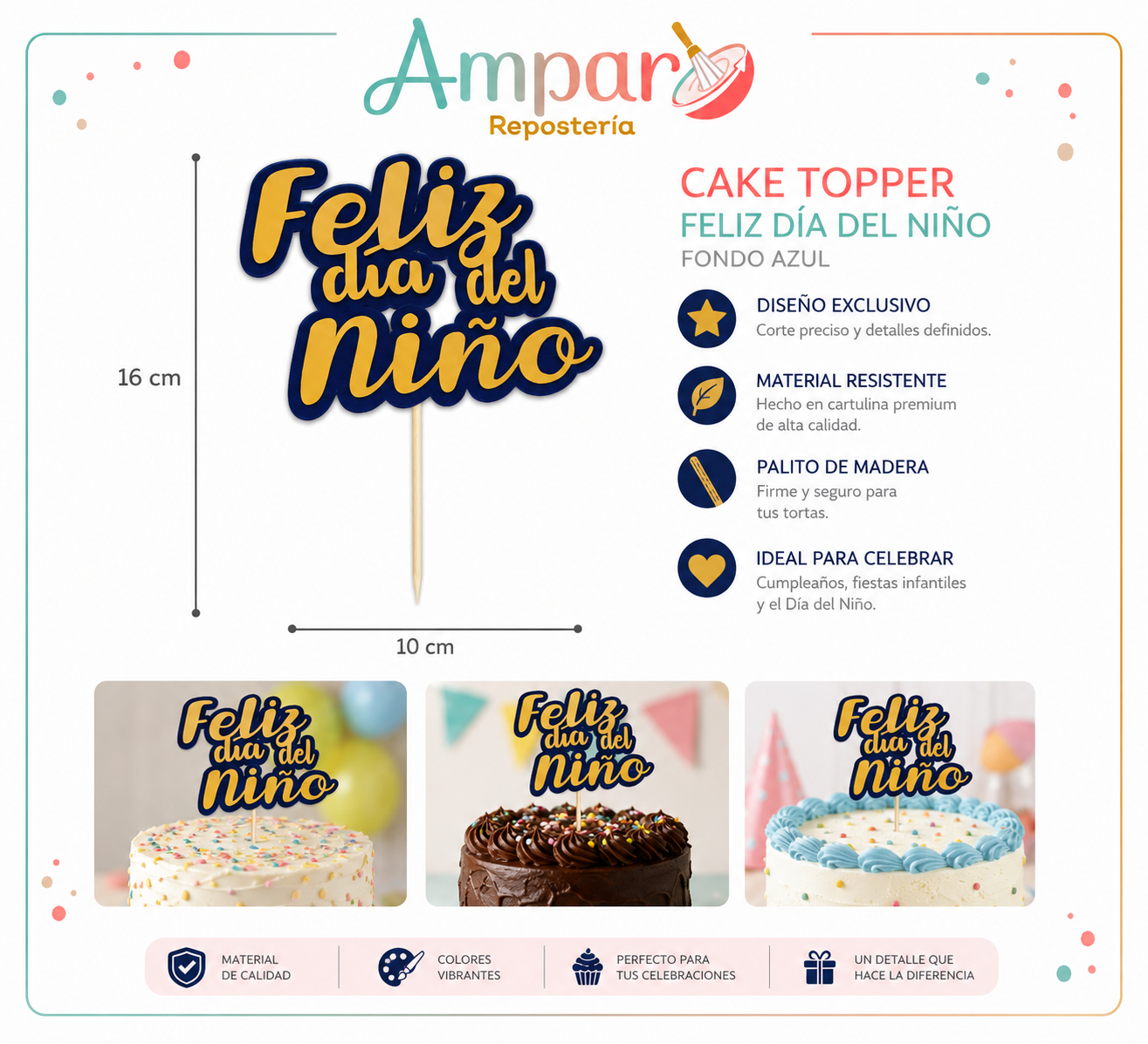 Cake topper feliz dia del niño fondo azul
