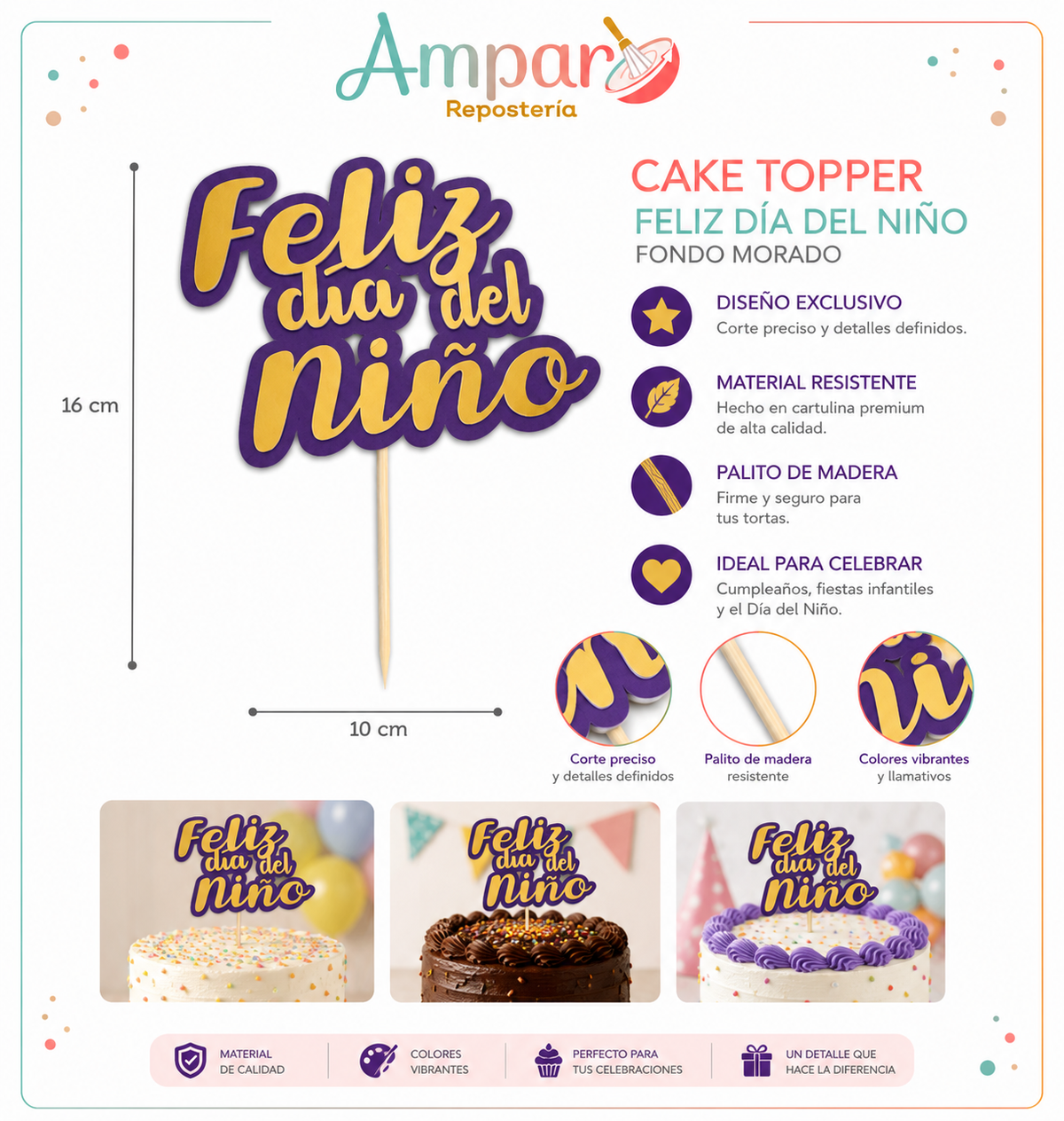 Cake topper feliz dia del niño fondo morado