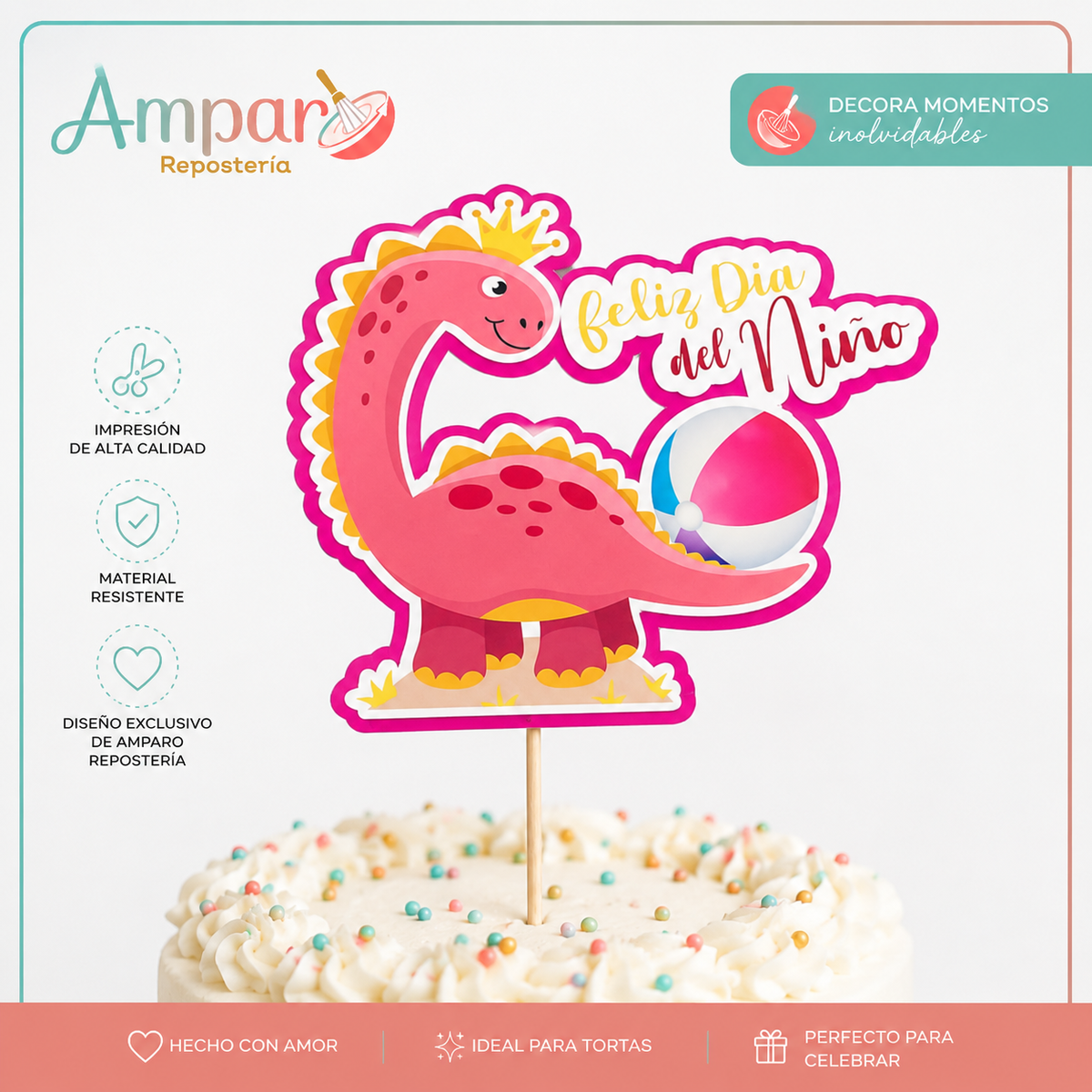 Cake Topper Dinosaurio Niño Rosa – Feliz Día del Niño