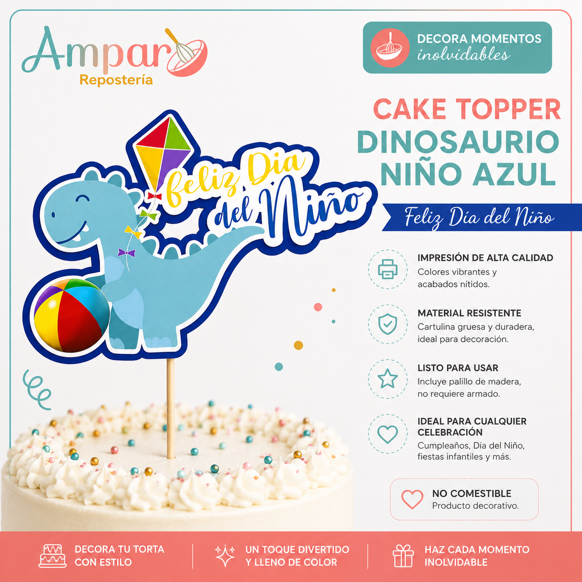 Cake Topper Dinosaurio Niño Azul – Feliz Día del Niño