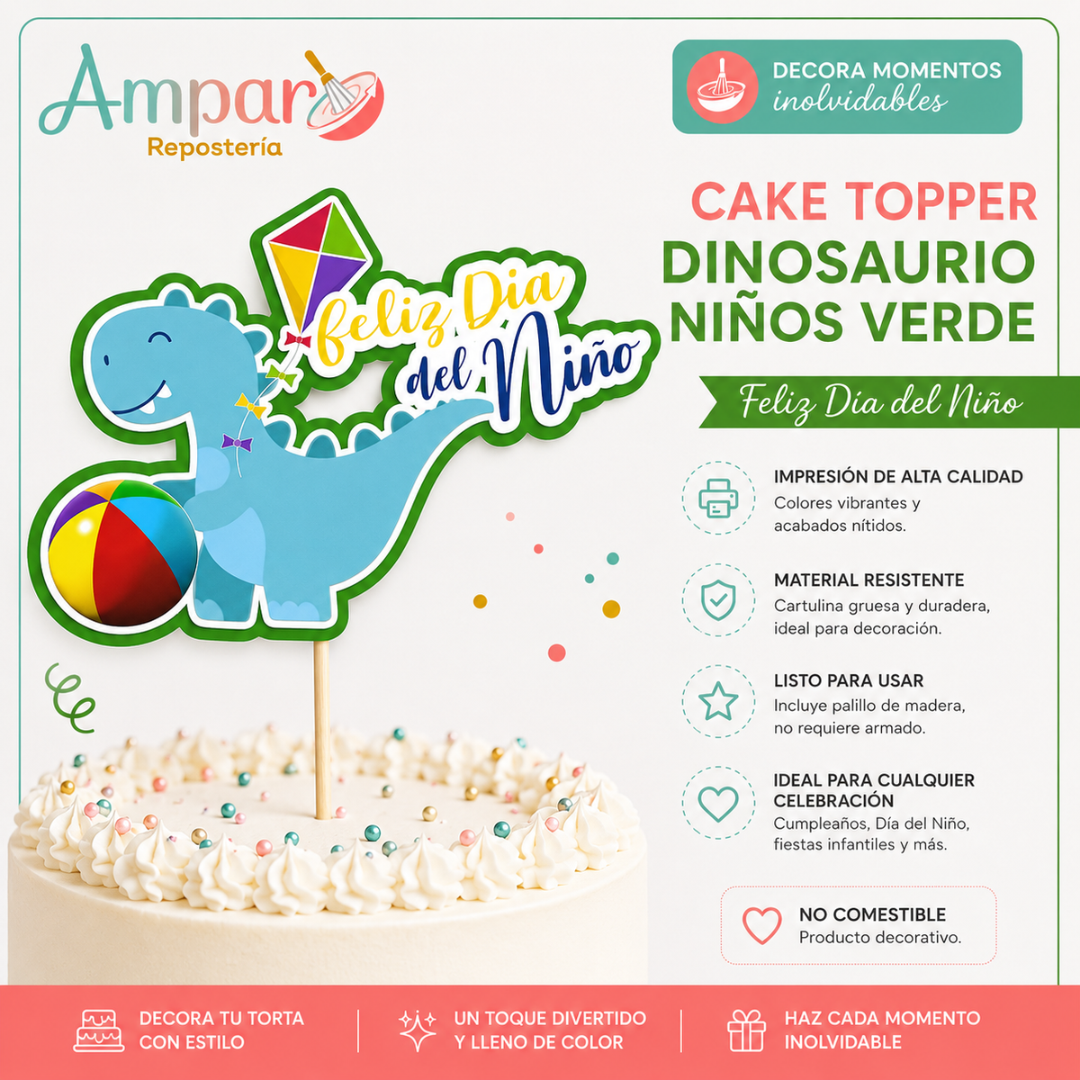 Cake Topper Dinosaurio Verde – Feliz Día del Niño