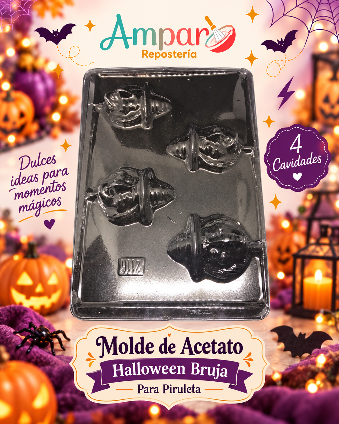 Molde de Acetato Halloween Bruja – 4 Cavidades para Piruleta