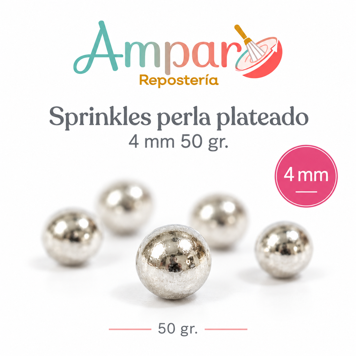 Sprinkles perla plateado 4 mm 50 gr.
