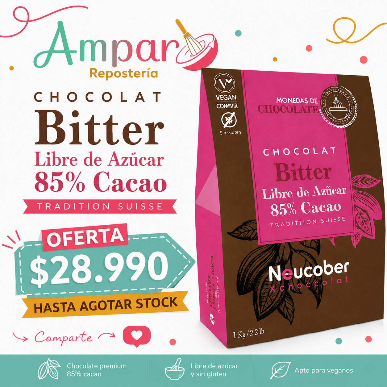 Chocolate Bitter 85% Cacao Sin Azúcar 1 kg Neucober – Monedas para Repostería