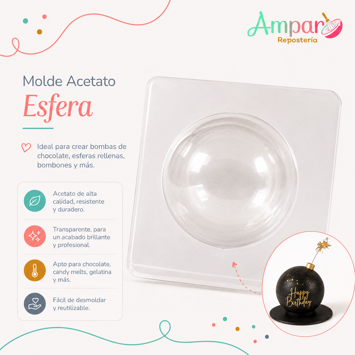 Molde Acetato media esfera cake boom 15 cm