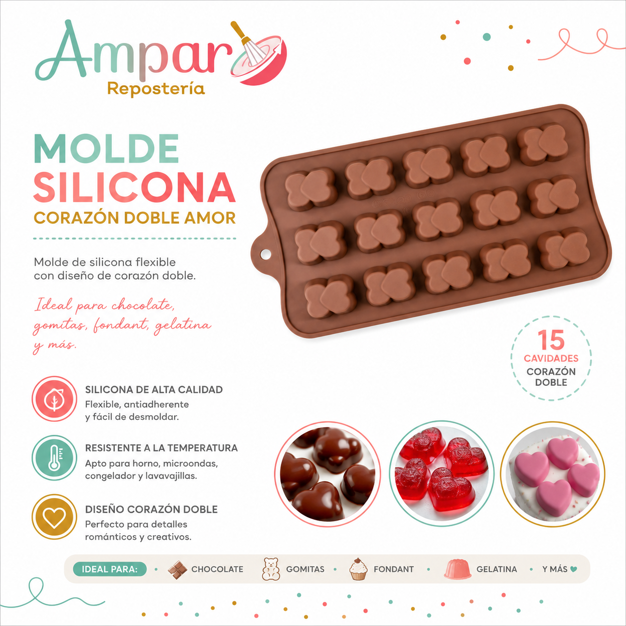 Molde de Silicona Corazón Doble Amor – 15 Cavidades para Chocolate, Gomitas y Fondant
