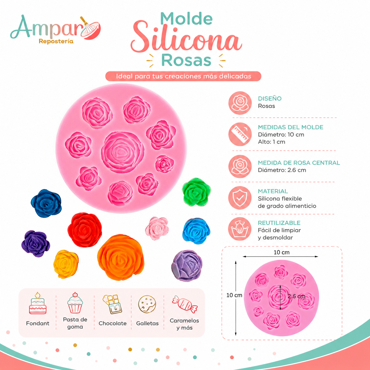 Molde de Silicona Rosas 9 Cavidades para Fondant, Chocolate y Repostería