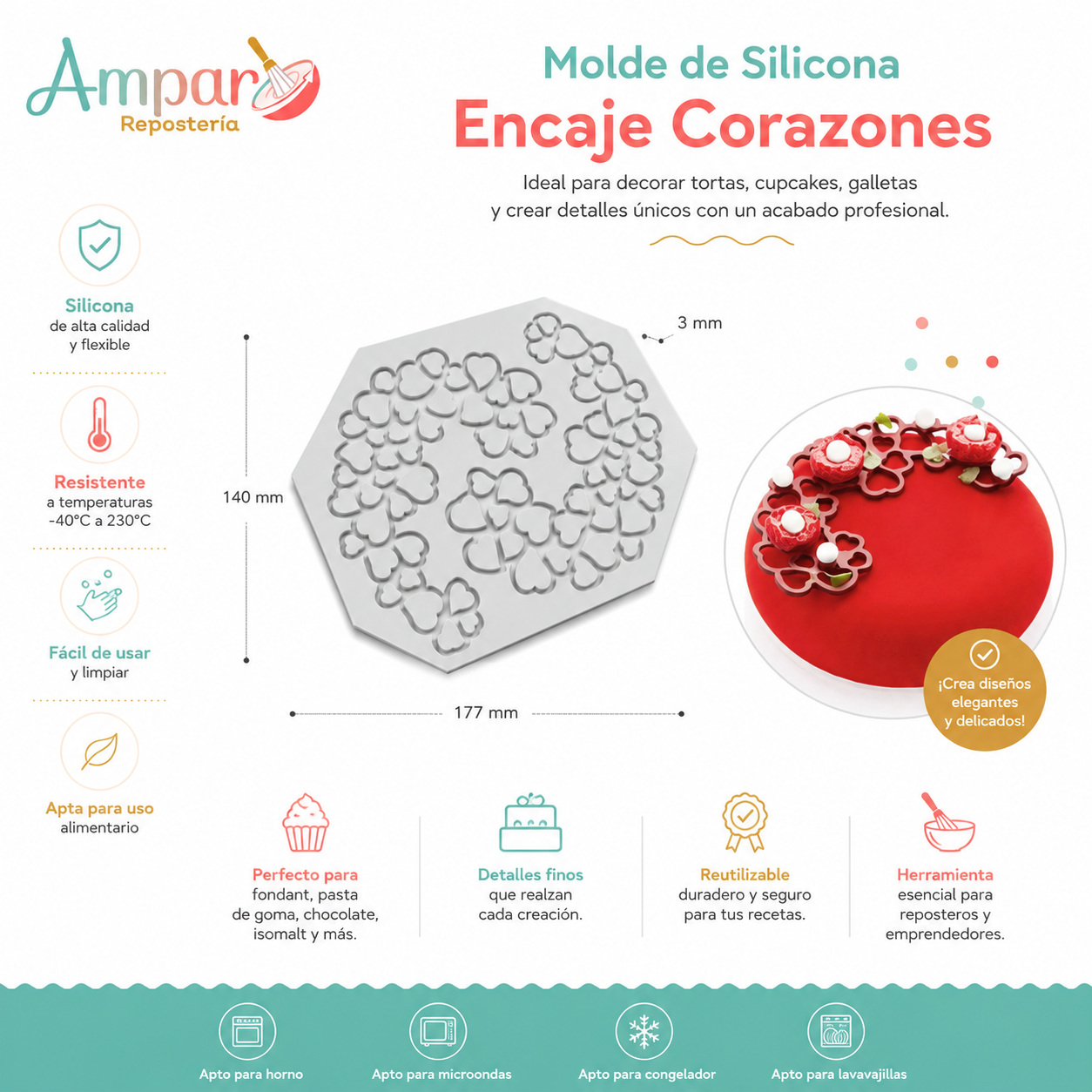 Molde de Silicona Encaje Corazones – Flexible y Reutilizable
