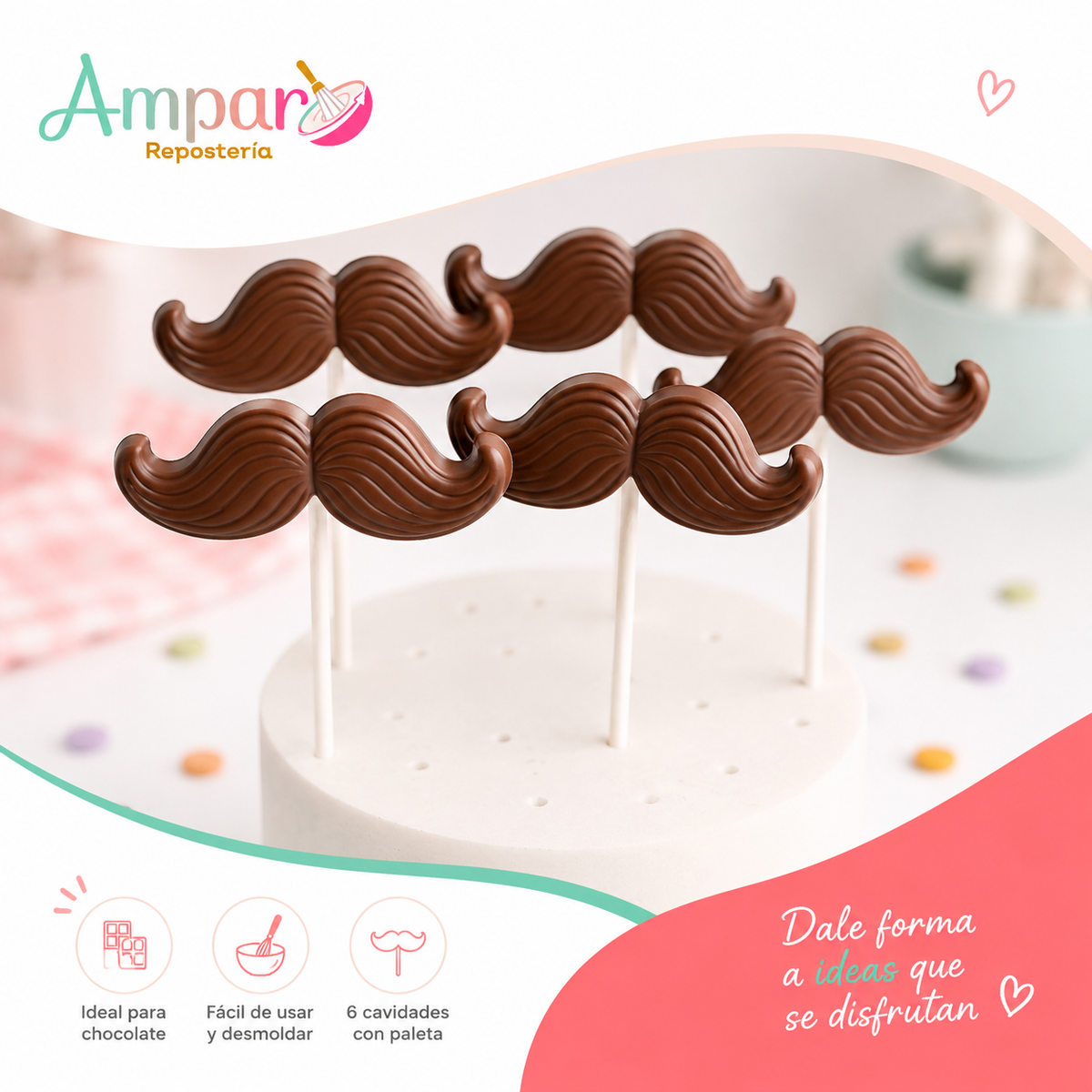 Molde de Acetato Paleta Bigotes – 6 Cavidades | Chocolate y Repostería 🍫