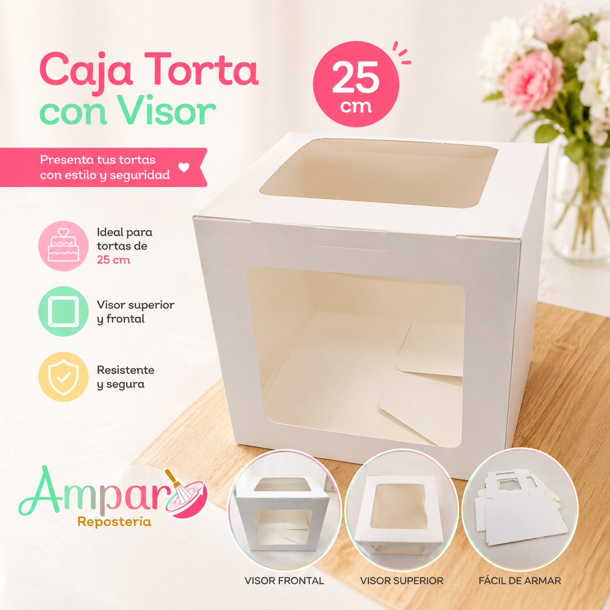 Caja para Torta de Cartón con Visor 25x25x25 cm– Cartón Blanco | Unidad