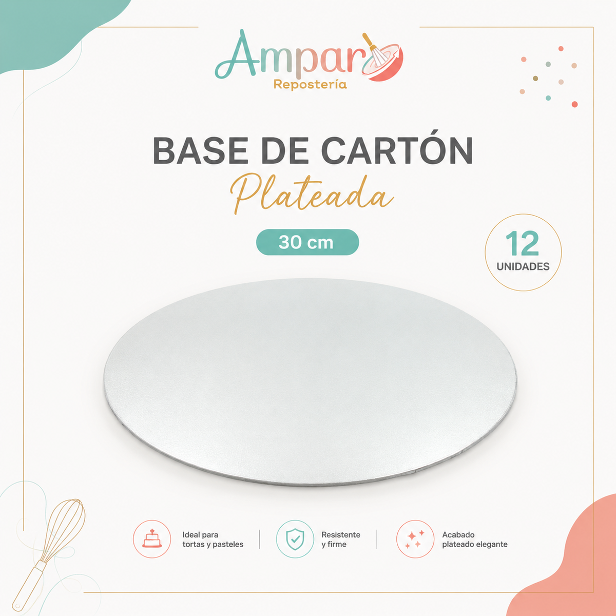 Base de Carton Plateada Redonda 30 cm – Pack 12 Unidades