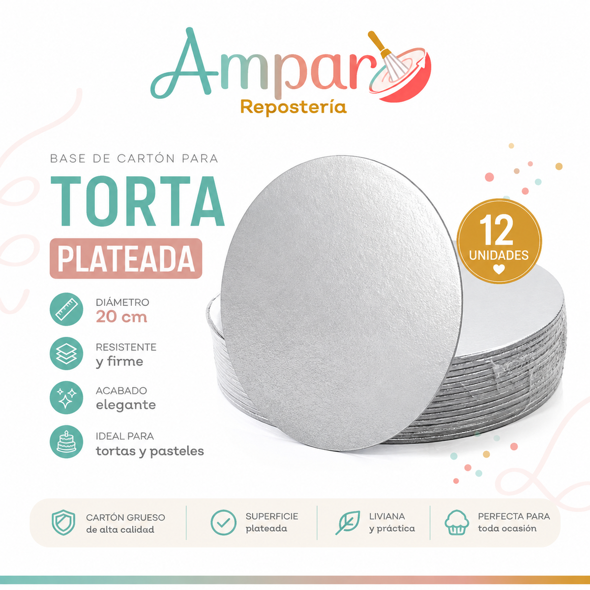 Base de carton para torta plateada 20 cm 12 unidades