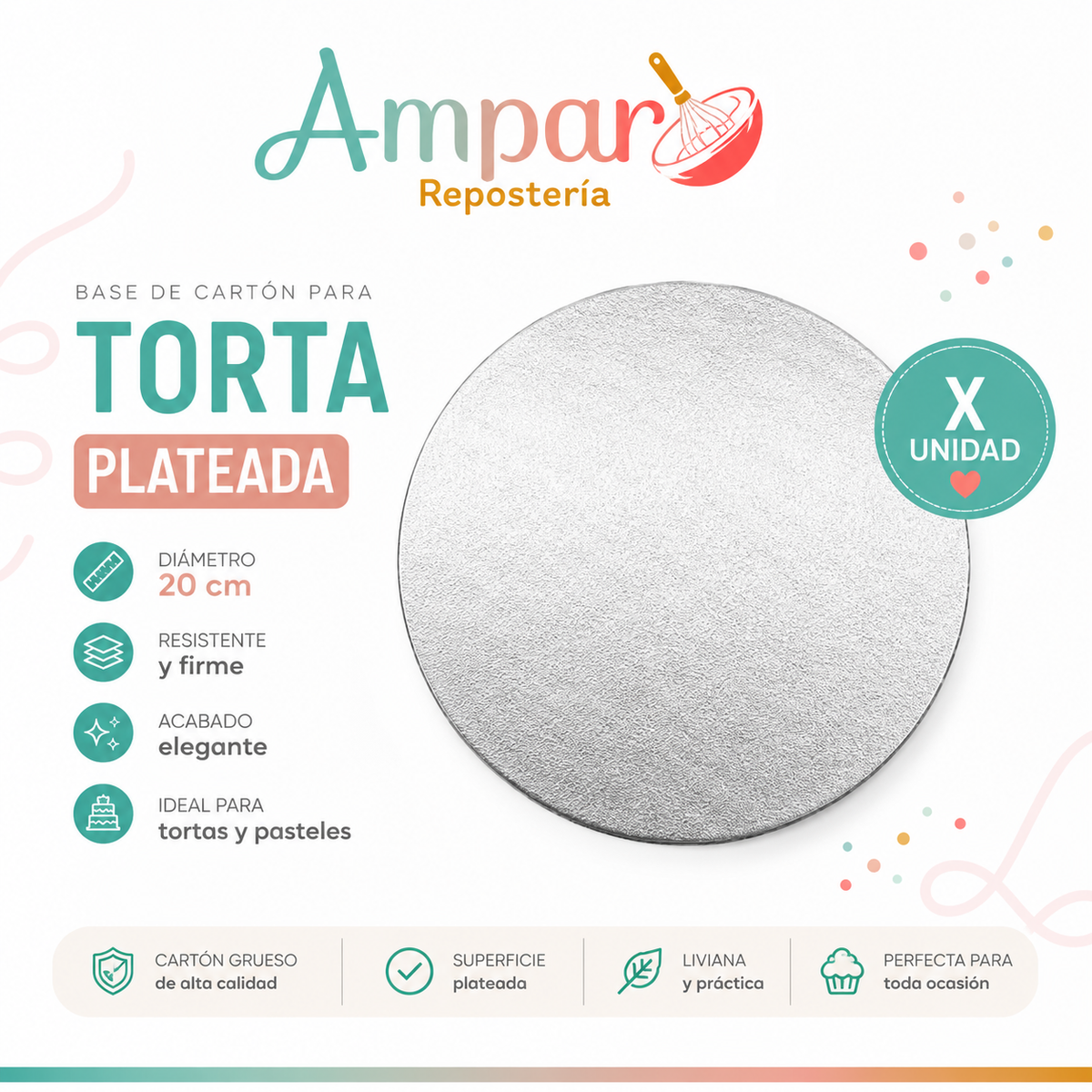 Base de Cartón para Torta Plateada 20 cm – Unidad
