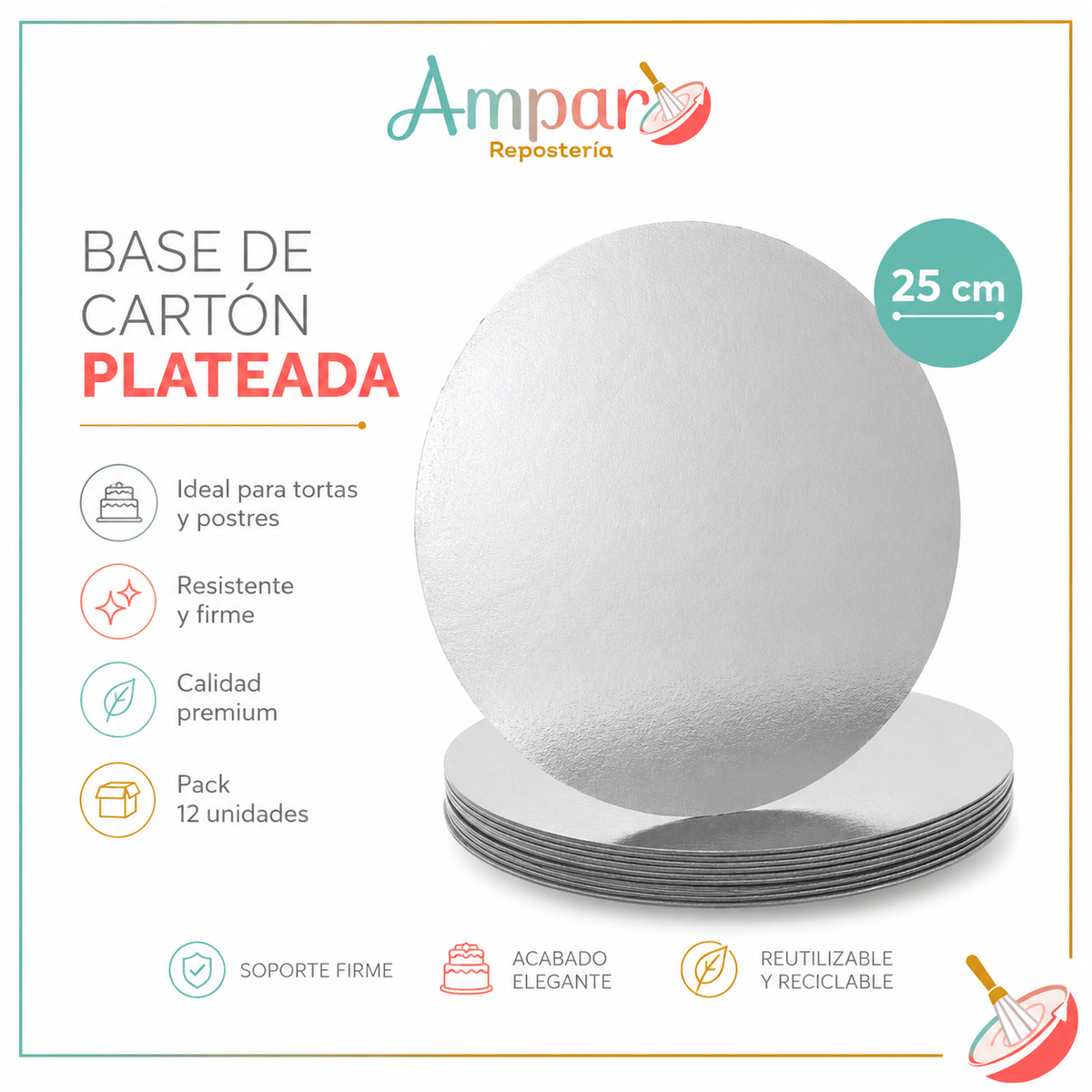 Base de carton plateada 25 cm 12 unidades
