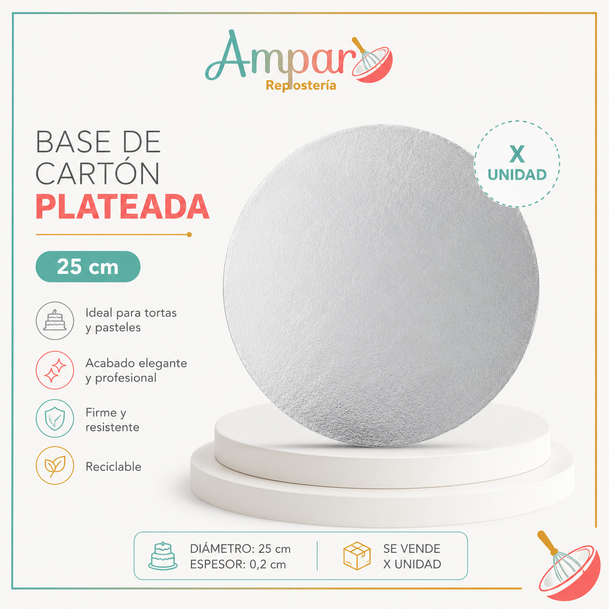 Base de Cartón Plateada Redonda 25 cm – 1 Unidad