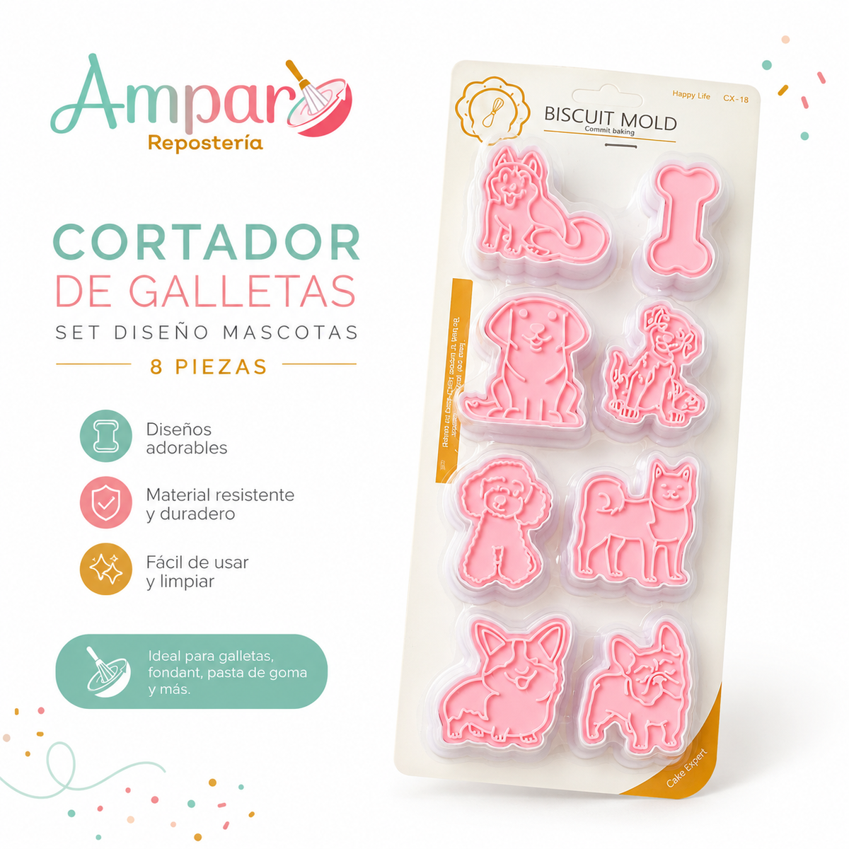 Cortador de Galletas Set Diseño Mascotas 8 Piezas