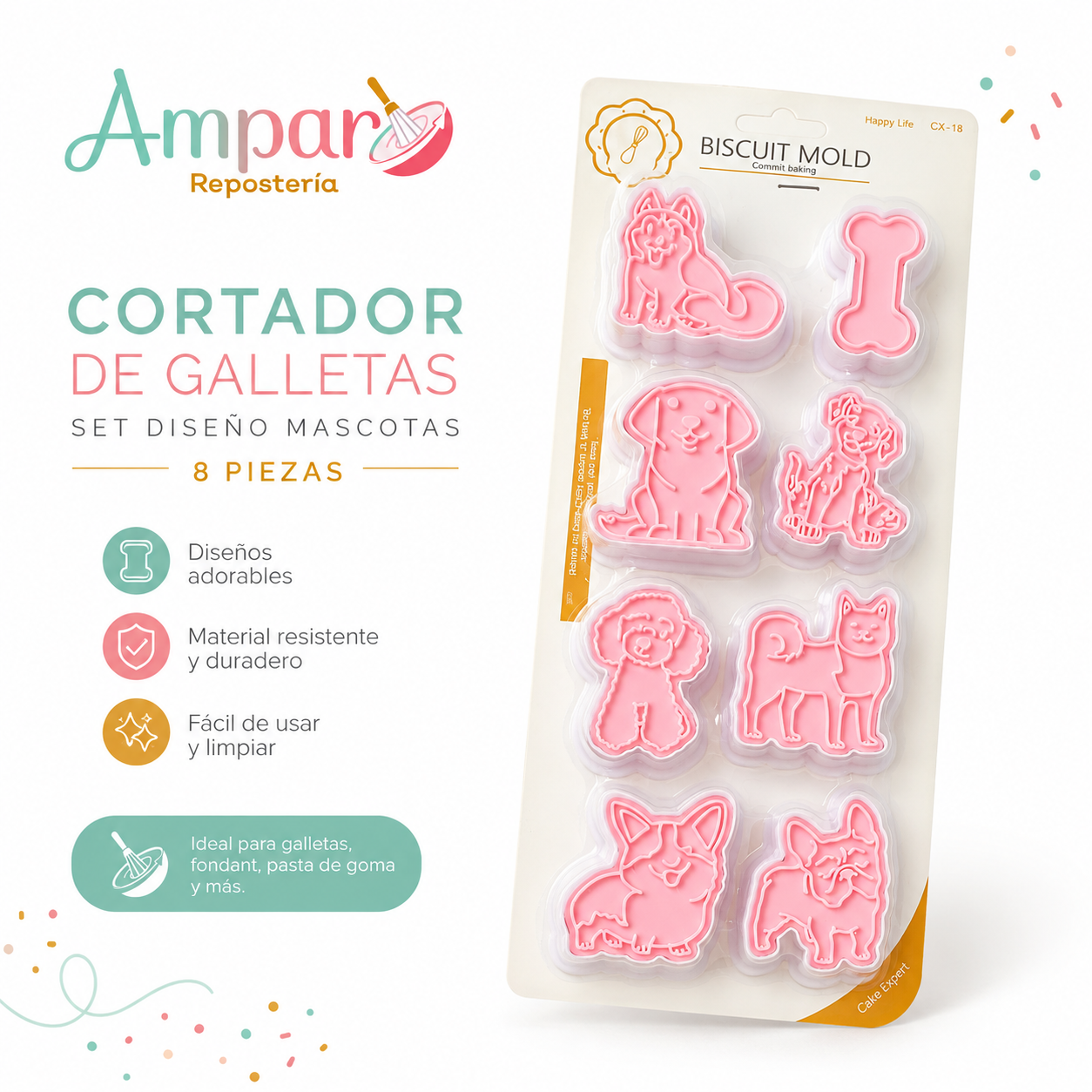 Cortador de Galletas Set Diseño Mascotas 8 Piezas