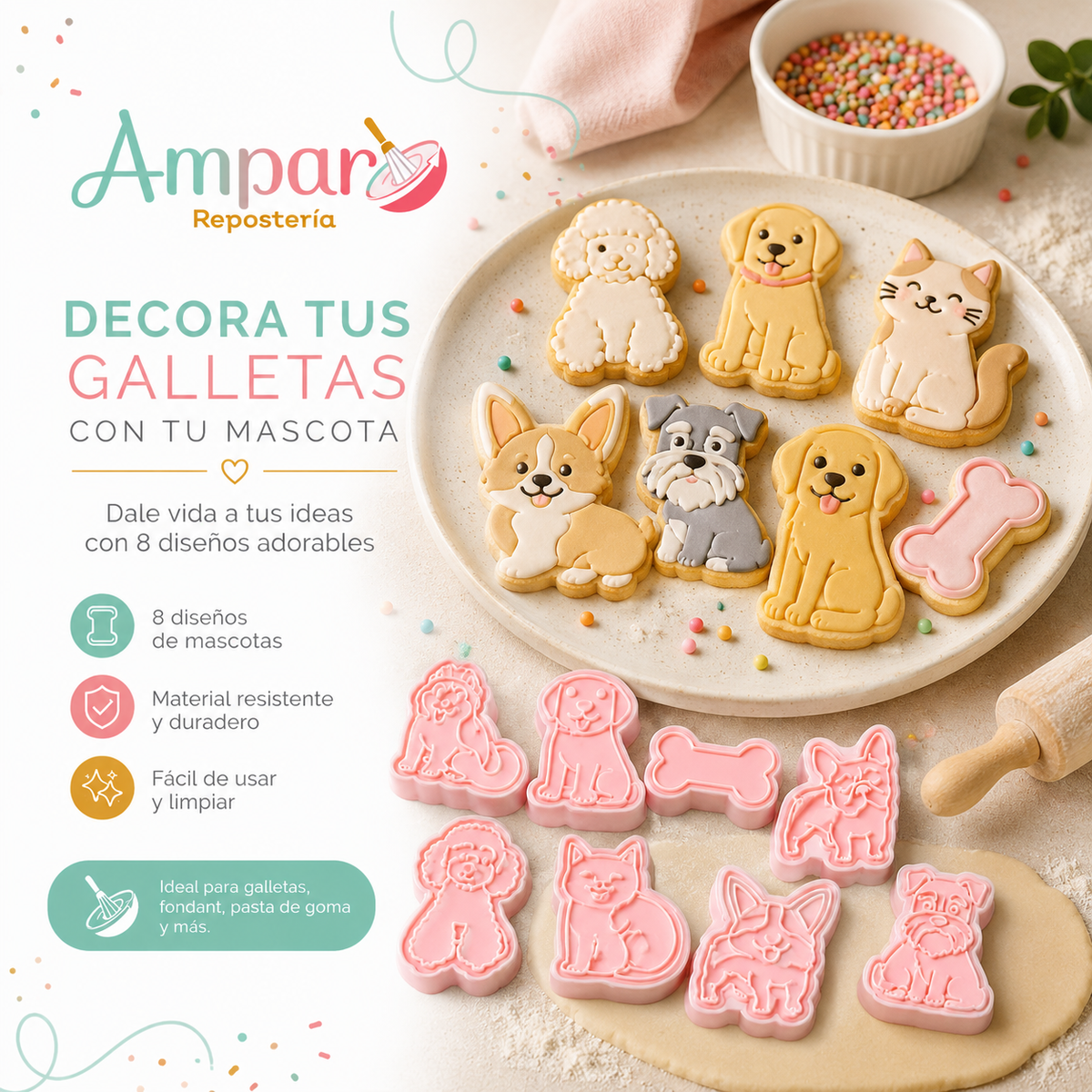Cortador de Galletas Set Diseño Mascotas 8 Piezas