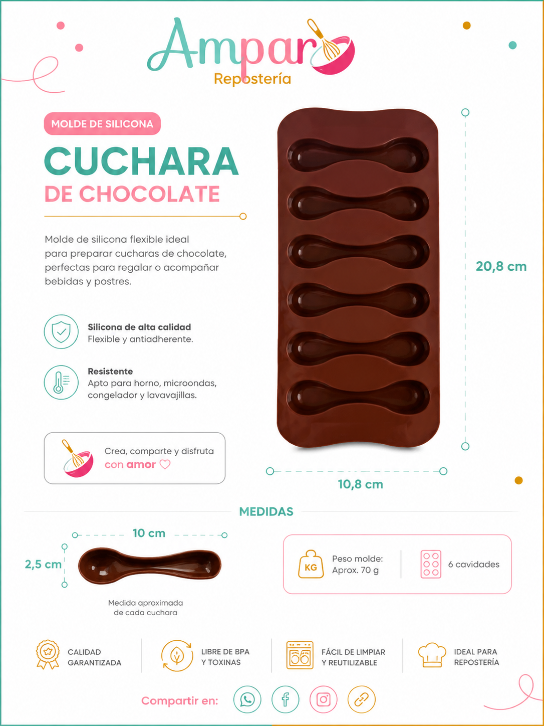 Molde de Silicona para Cucharas de Chocolate – 6 Cavidades (10 x 2,5 cm)