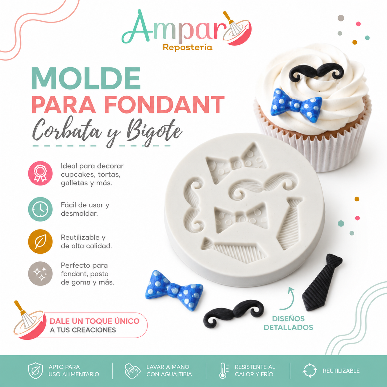Molde de Silicona Corbata, Corbatín y Bigote