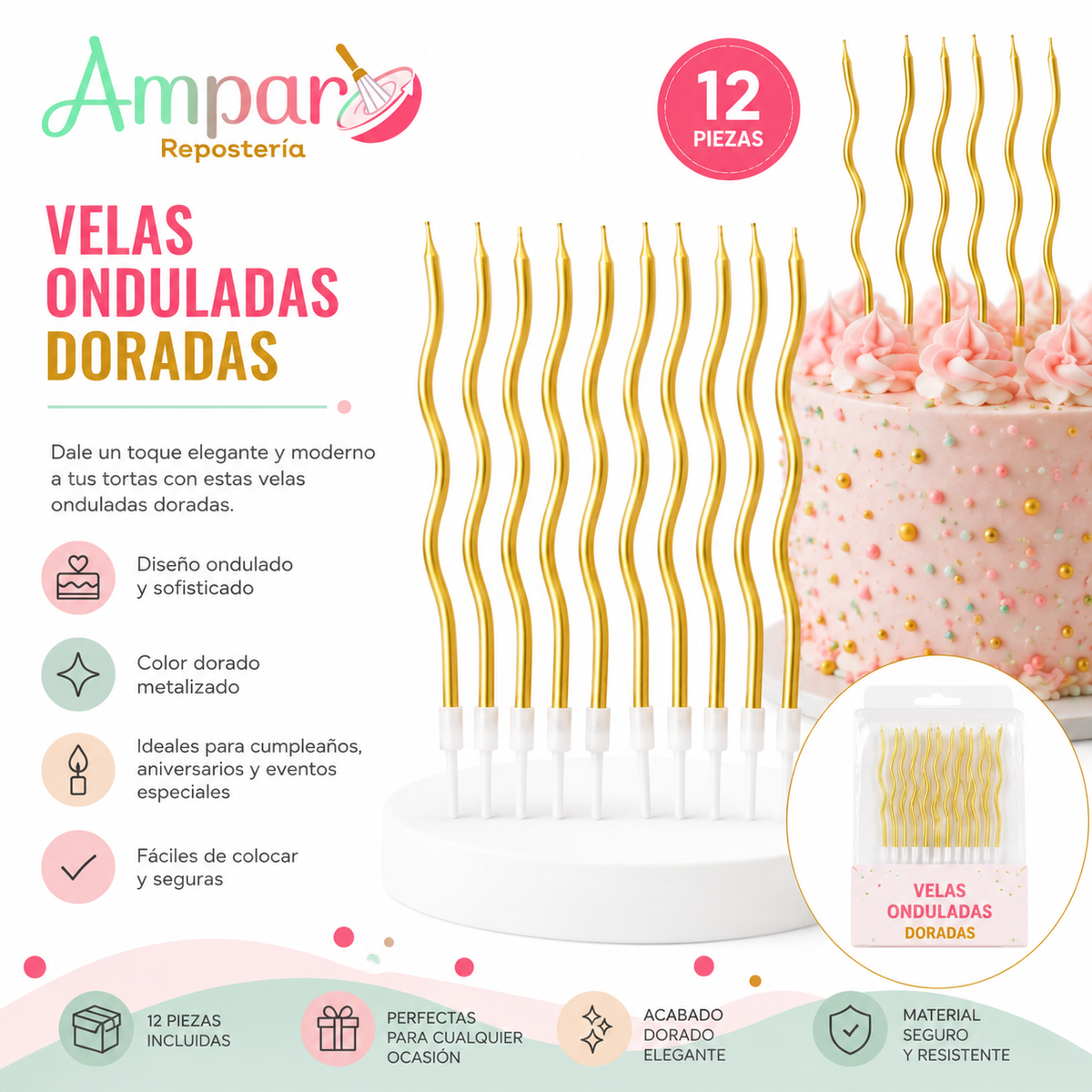 Velas Onduladas Doradas para Tortas – Pack 12 Unidades