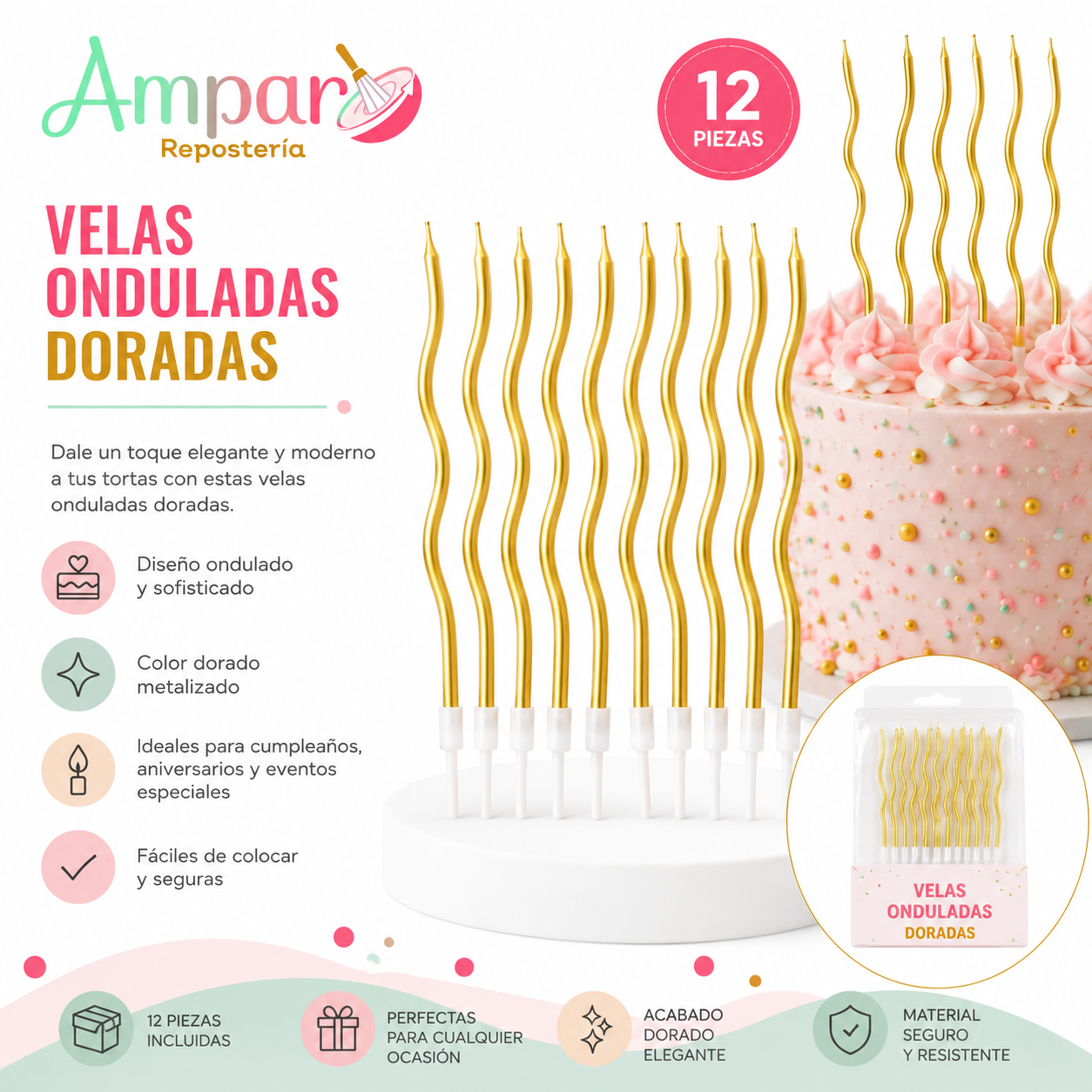 Velas Onduladas Doradas para Tortas – Pack 12 Unidades