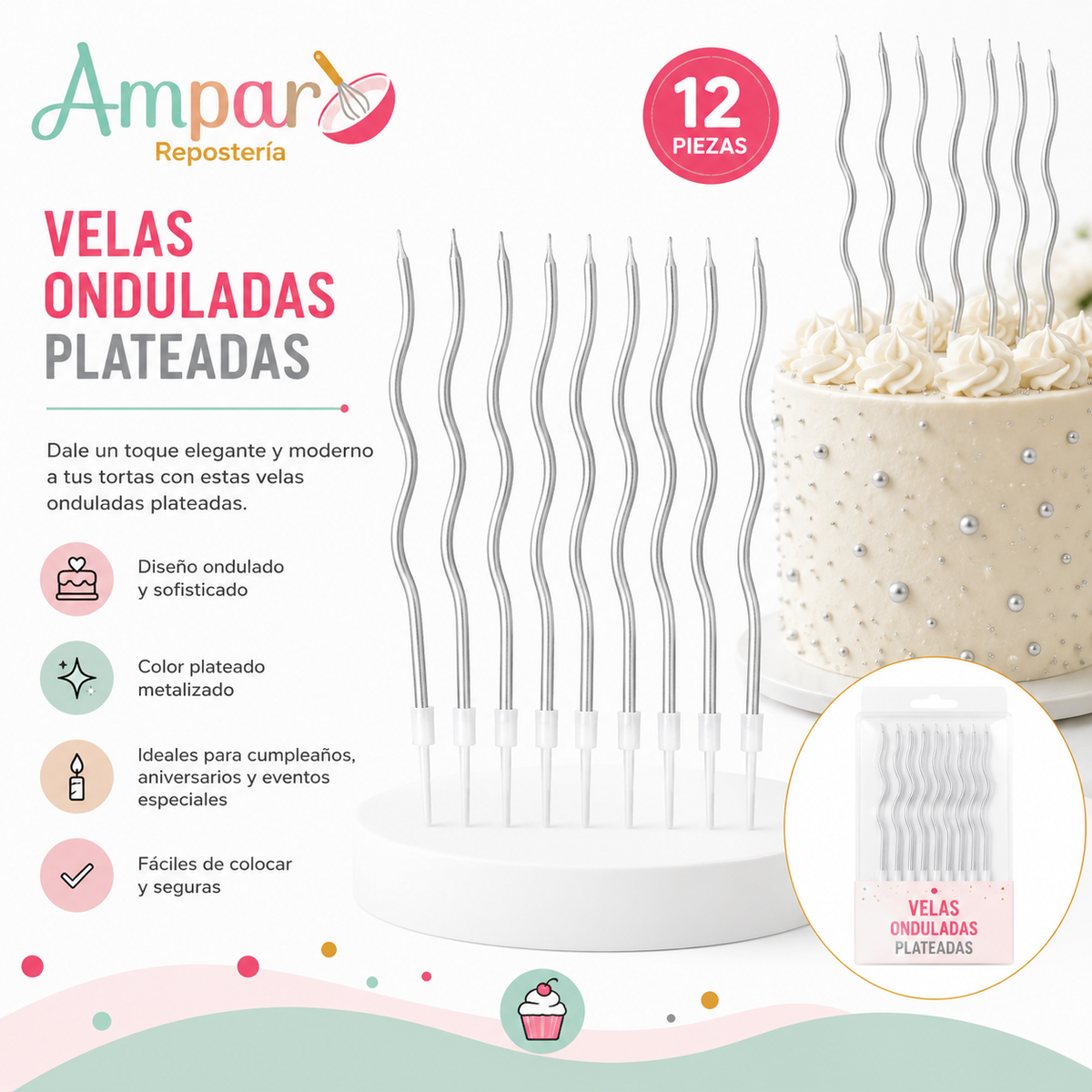 Velas Onduladas Plateadas para Tortas – Pack 12 Unidades