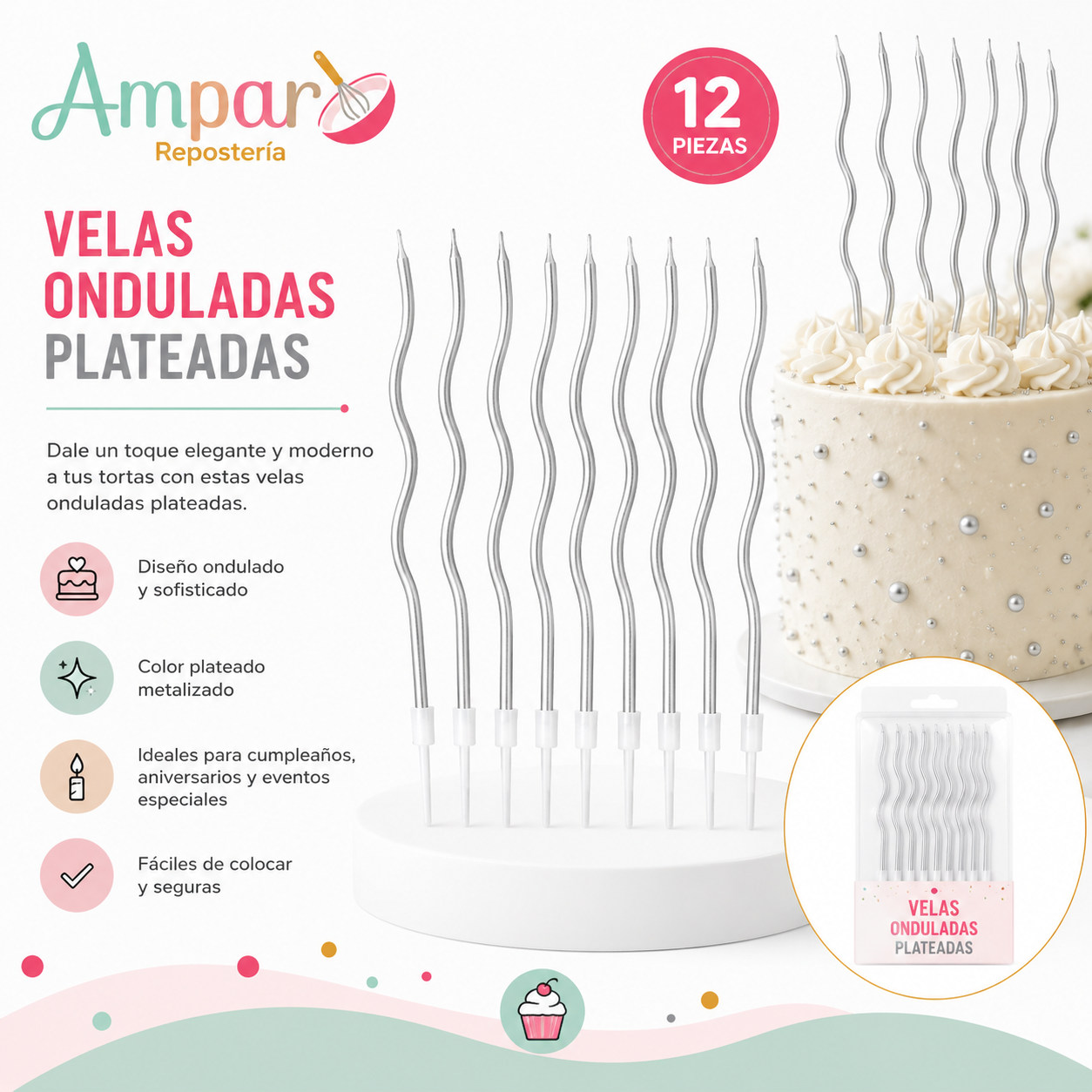 Velas Onduladas Plateadas para Tortas – Pack 12 Unidades