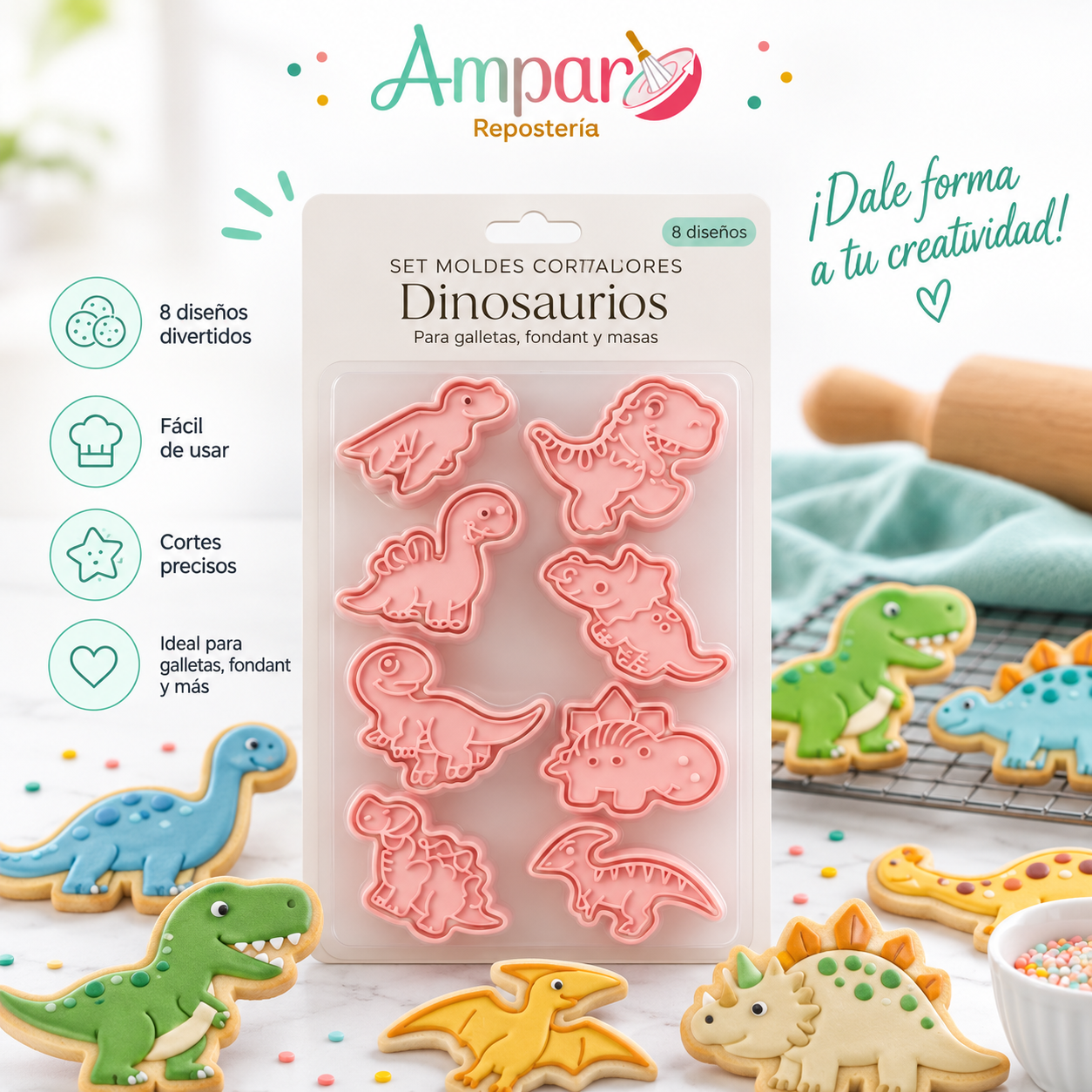 Set de Moldes Cortadores Dinosaurios – 8 diseños divertidos