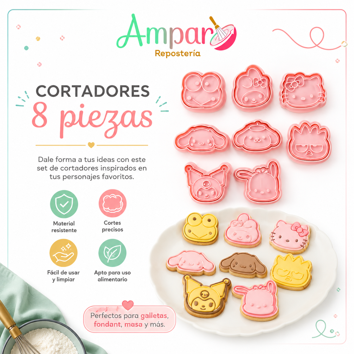 Cortador de Galletas Set Hello kitty- Kuromi -Cinnamoroll 8 piezas