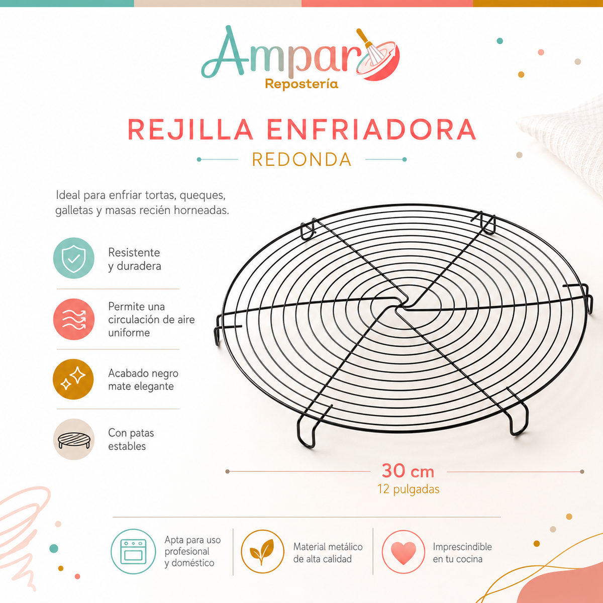 Rejilla Redonda Enfriadora para Galletas, Tortas y Pizza 30 cm (12")
