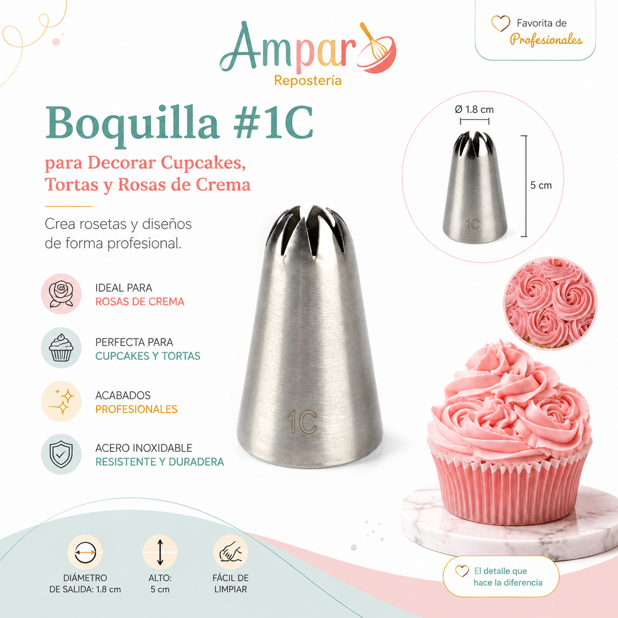 Boquilla #1C para Decorar Cupcakes, Tortas y Rosas de Crema