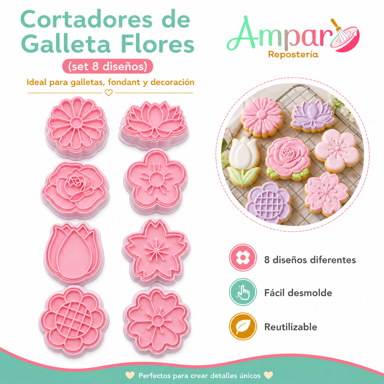 Cortador de Galletas Set Diseño Flores – 8 Piezas