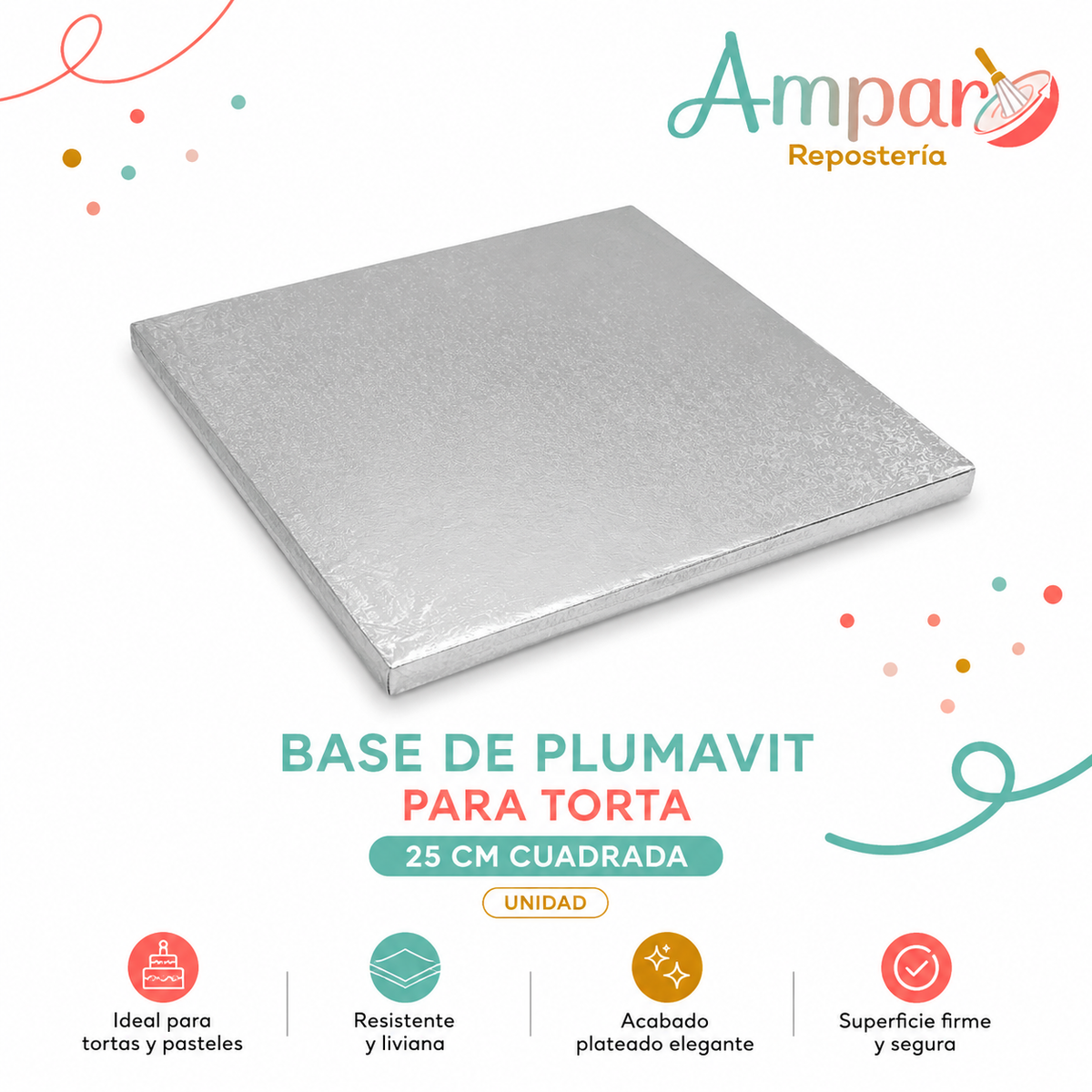 Base de Plumavit para Torta 25 cm Cuadrada Plateada | Unidad