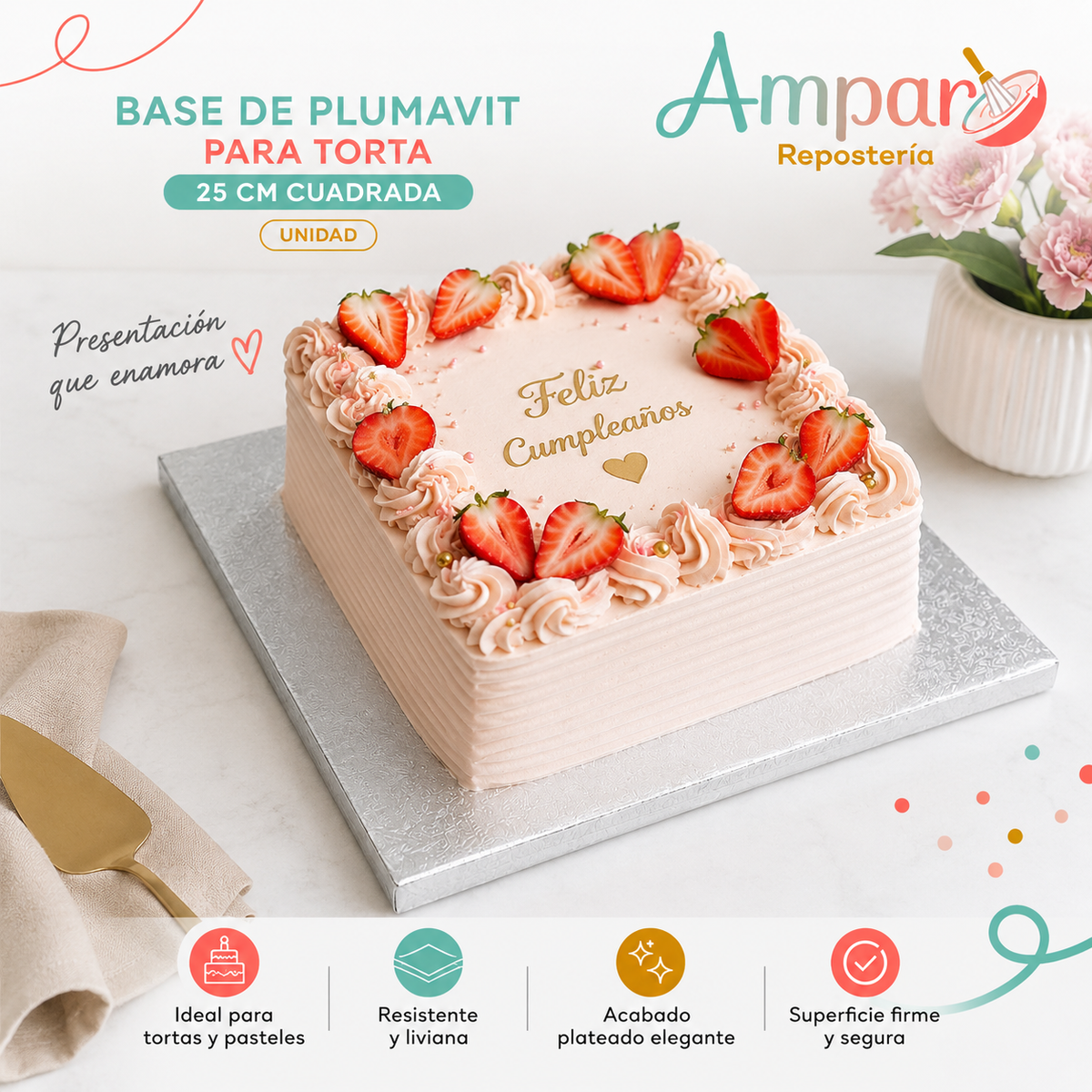Base de Plumavit para Torta 25 cm Cuadrada Plateada | Unidad