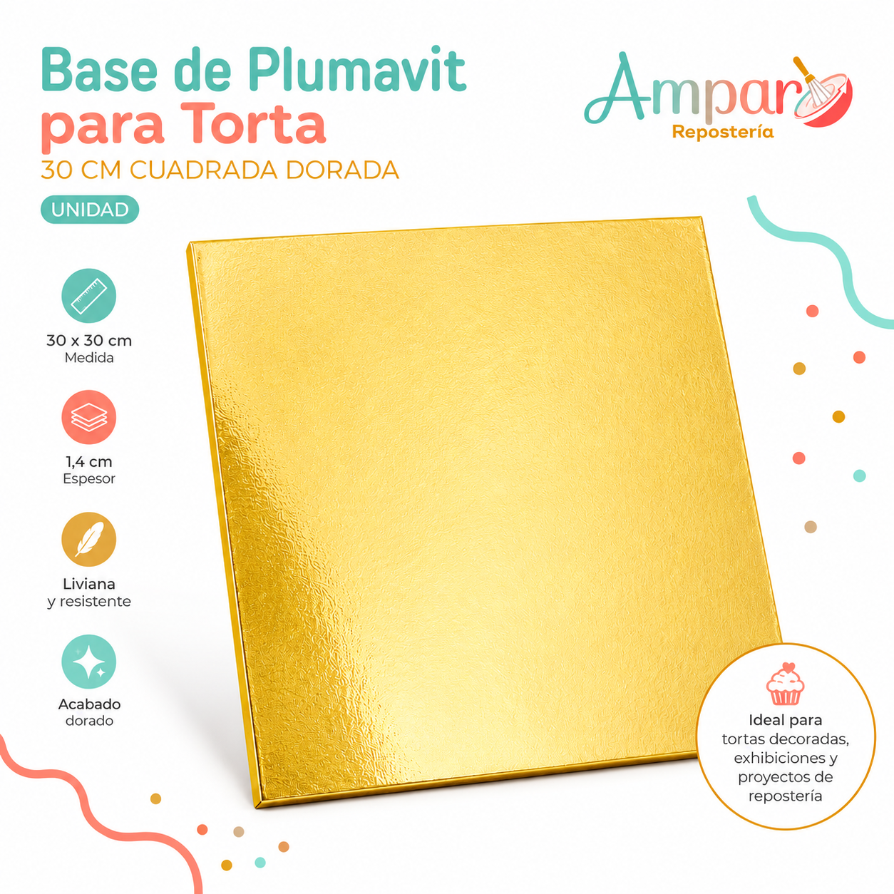 Base de Plumavit para Torta 30 cm Cuadrada Dorada – Unidad
