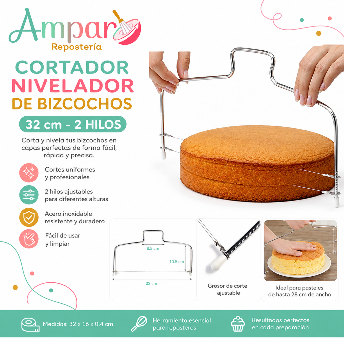 Cortador Nivelador de Bizcochos 32 cm – 2 Hilos